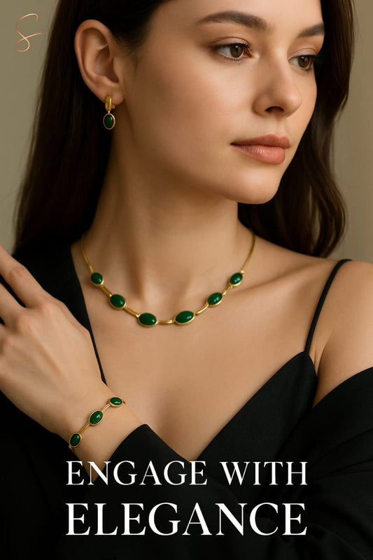 Oval Green Crystal Pendant Necklace Set With Bracelet & Earrings